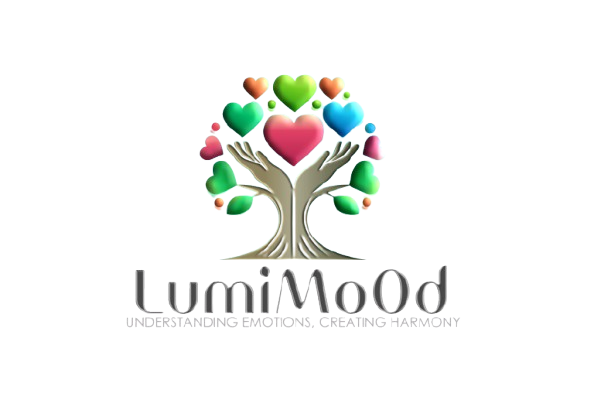 Logo van LumiMood, een merk dat zich richt op emotioneel begrip en harmonie, met een boom waarvan de bladeren gevormd zijn door kleurrijke hartjes en menselijke figuren.